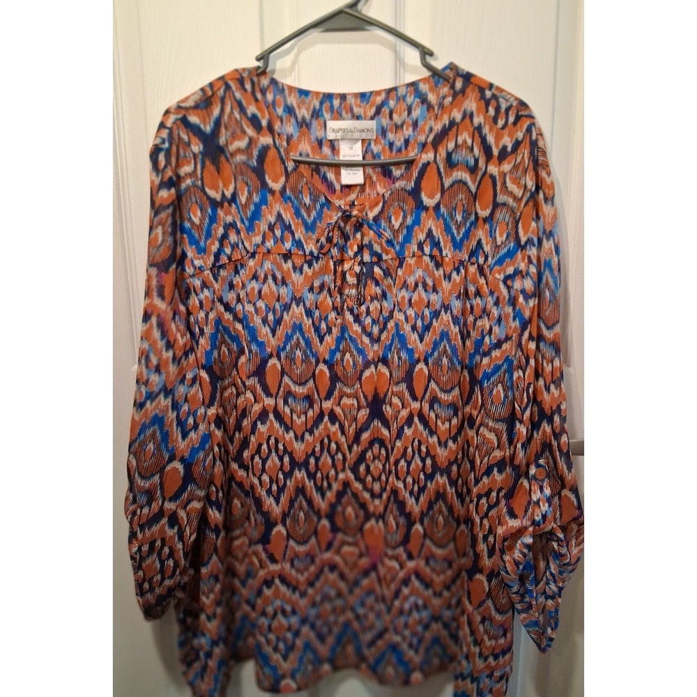 Drapers and Damons Peasant Blouse Size 3X Ikat Pullover 3/4 Roll Tab Sleeves